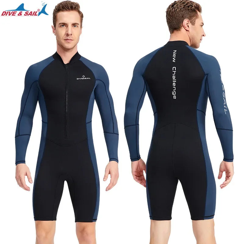 Men 1.5MM Diving Wetsuit One-piece Long-sleeve Sunscreen Wetsuit Snorkeling Surfing Warm Swimming Suit