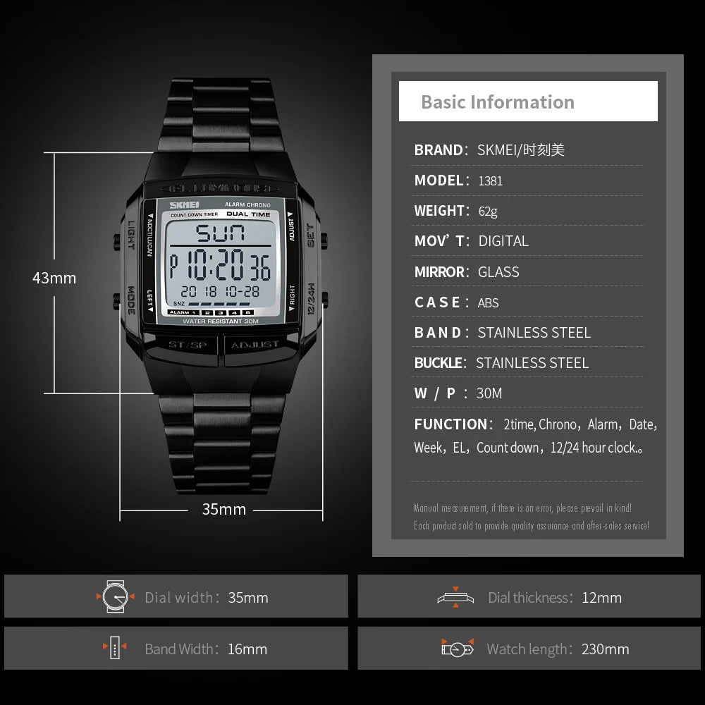 SKMEI 1381 Luxury Electronic Mens Wristwatches Waterproof LED Display Digital Watch for Men Military Sports 1328 Reloj Masculino