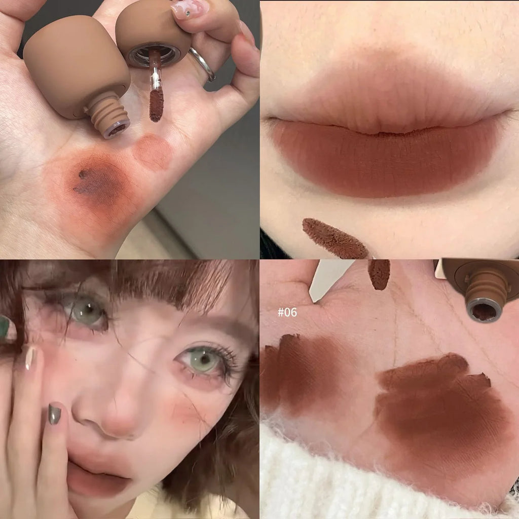 1pcs Red Brown Matte Lip Mud Liquid Lipstick Waterproof Non-stick Cup Chocolate Lip Color for Women Lips Makeup Cosmetics