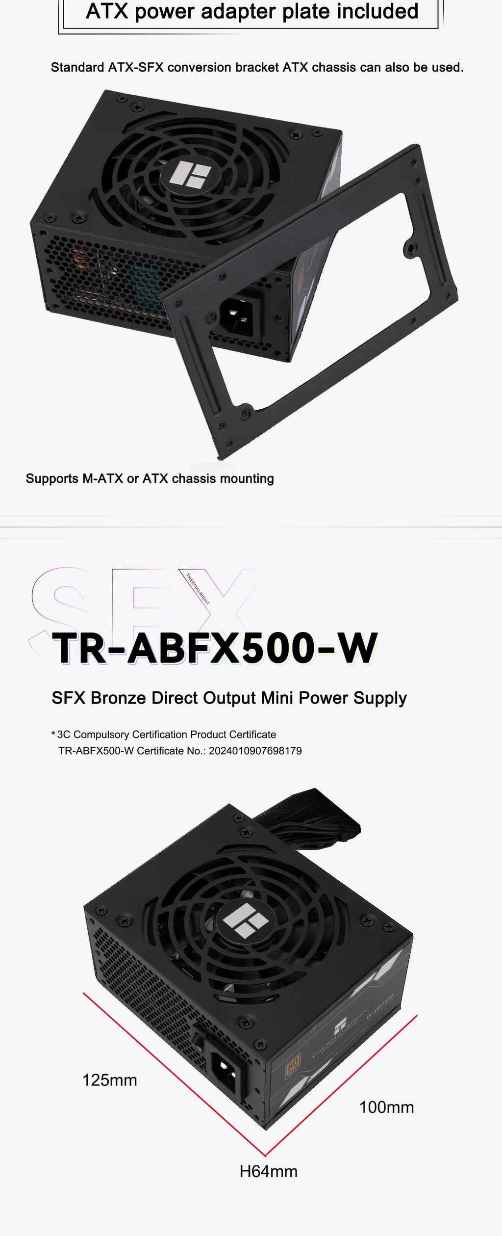 Thermalright TR-ABFX500 Black SFX Bronze Medal Straight Out Mini Small Size Power Supply ITX Small Case Installation Small PSU