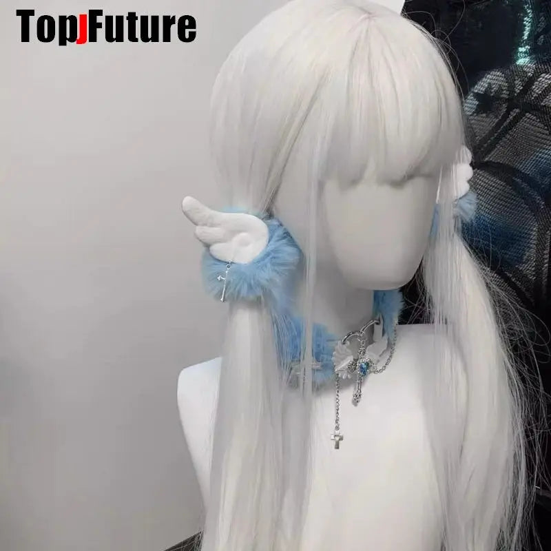 Girl Vintage  y2k Girl  gothic lolita cosplay Harajuku Punk Angel wing cross furry hair loop hair rope elastic hair bands