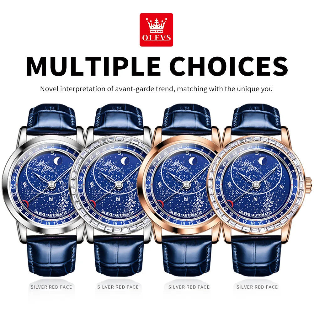 OLEVS 9923 Mens Watch Luxury Original Automatic Mechanical Watch Leather Strap Waterproof Luminous Starry Dial Watch For Men