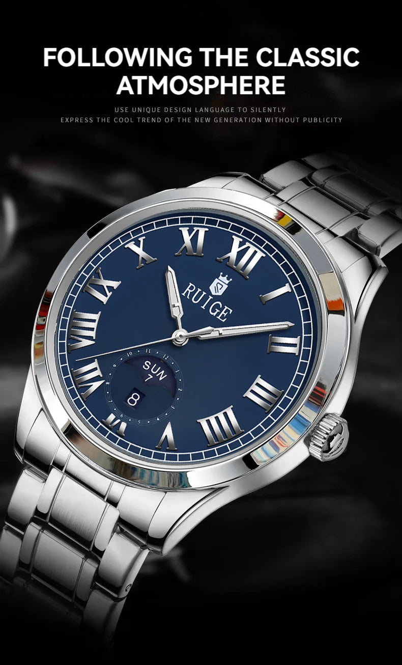 RUIGE hollowed out weekly calendar men's fully automatic mechanical watch stainless steel men's luminous waterproof watch