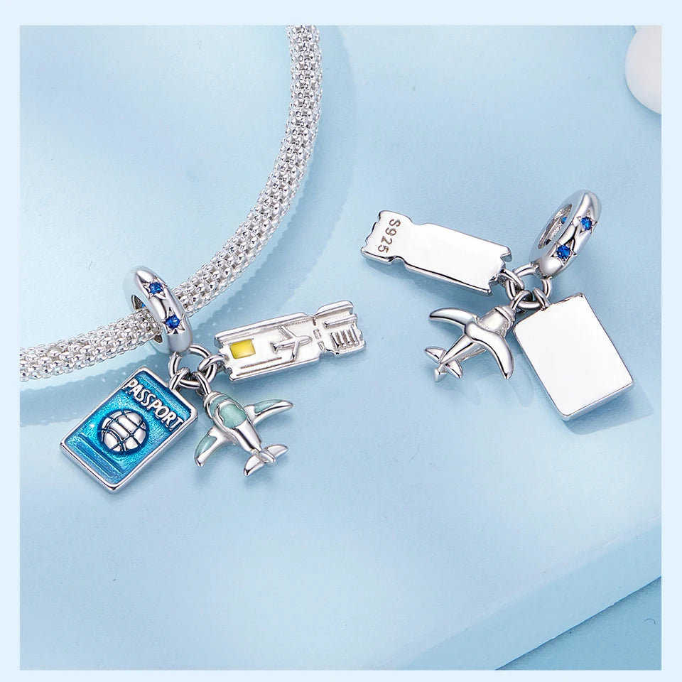 BISAER 925 Sterling Silver Summer Vacation Charm Bead Lipstick Sunglasses High Heels Airplane Pendant Fit Women DIY Bracelet