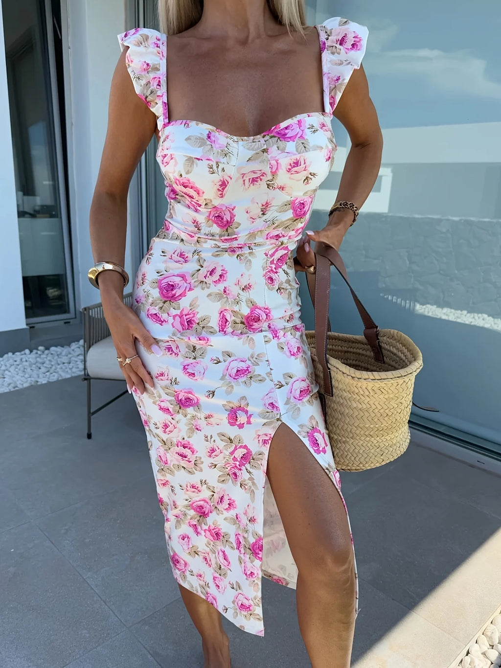 New European and American summer elegant design French flower suspender slit midi-length ladies dress
