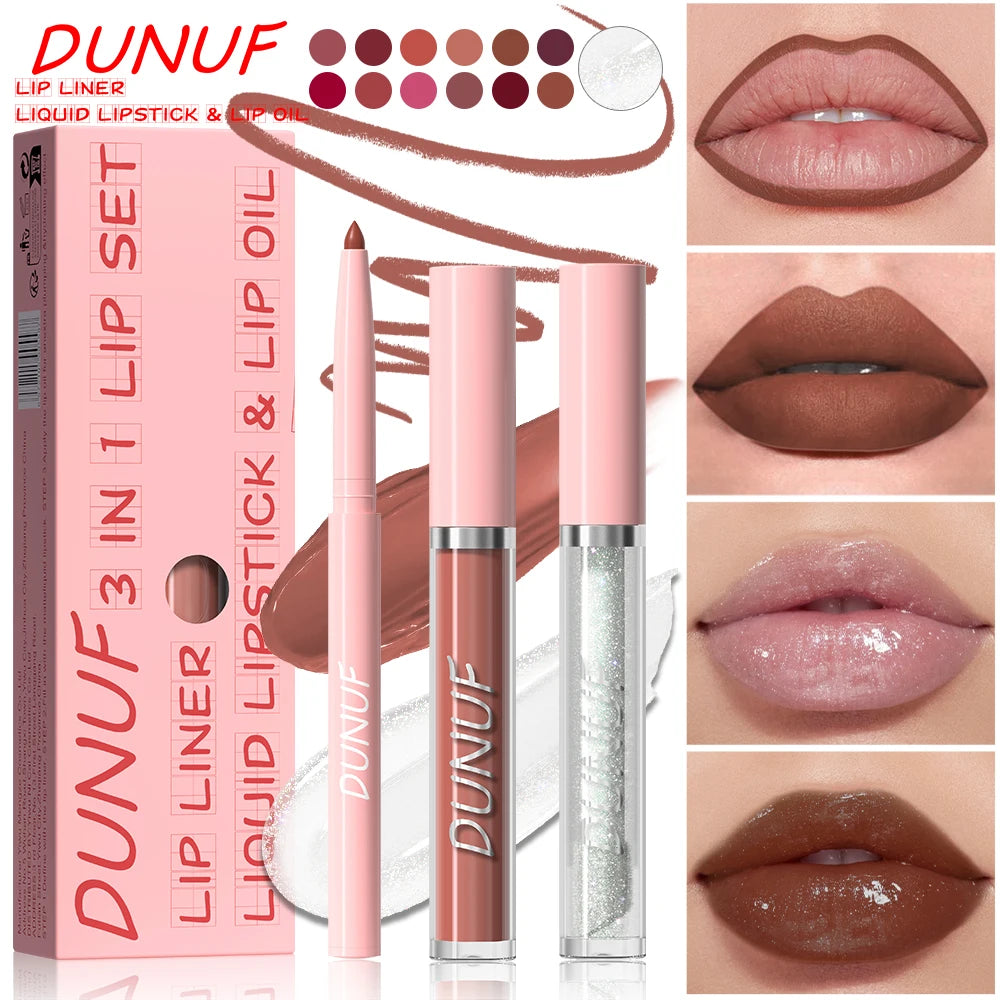 Matte Lip Liner Lip Gloss Lip Oil Set, 3-in-1 Waterproof Non-sticky Long-Lasting Lipstick, Nude Deep Red Mauve, Christmas Makeup