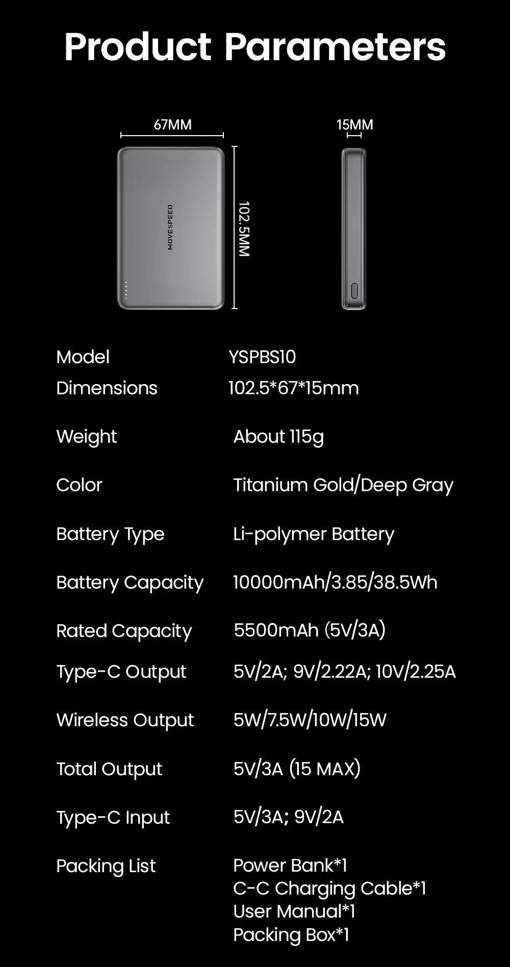 MOVESPEED S10 Slim Magnetic Power Bank 10000mAh PD20W Portable Charger Wireless External Battery for iPhone 16 Samsung Powerbank