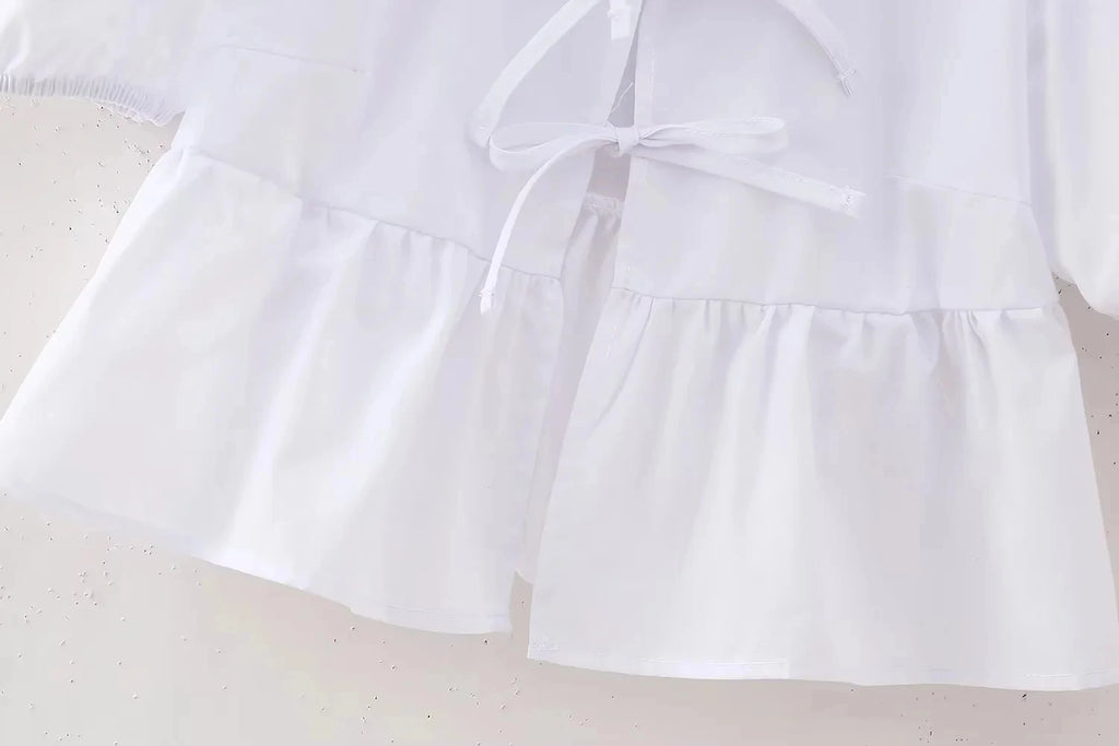 HH Women Causal O Neck Short Puff Sleeve Shirt Sweet White Bow Lace Up Tops 2024 New Fashion Chic Female Streetwear Blouse