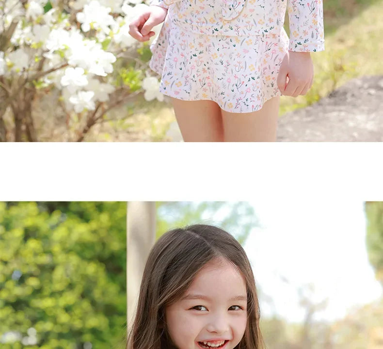 Children's Swimsuit for Girls 2025 New Style Split Long Sleeved Short Skirt Sunscreen Hat Quick Drying Four Piece Set Swimsuit