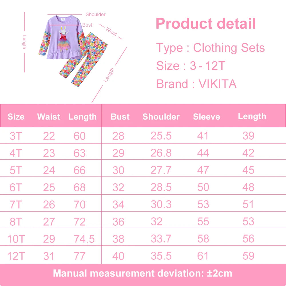 VIKITA Children Clothing Kids Rabbit Floral Print Long Sleeve Cotton Casual Tops Tees and Pants 2 Pcs Suit Kids Clothes Sets