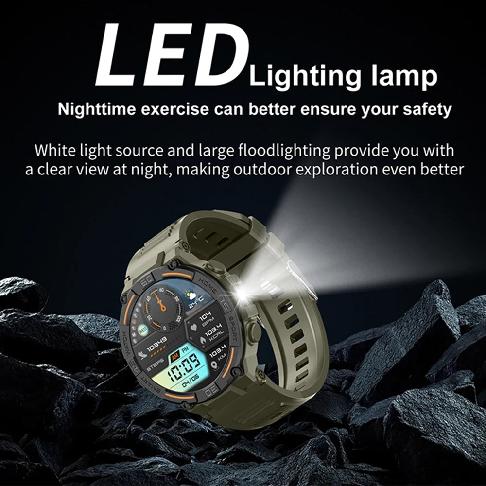Outdoor Military Rugged Smartwatch Men GPS Sports Fitness Waterproof Watch Bluetooth Call with LED Lights Smart Watch