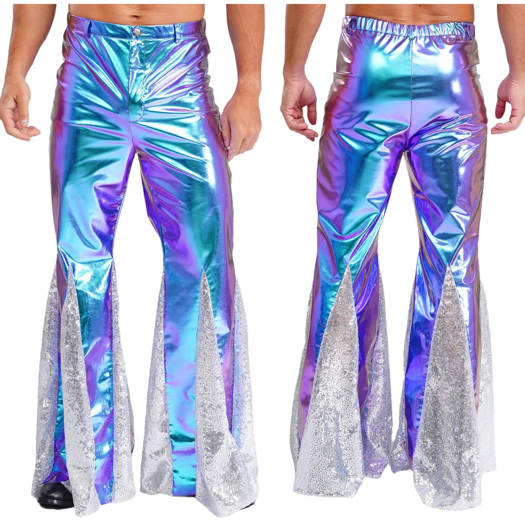 Mens Shiny Metallic 70s Disco Pants Hippie Vintage Costume Dance Rave Nightclub Sequins Bell Bottoms Club Party Flared Pants