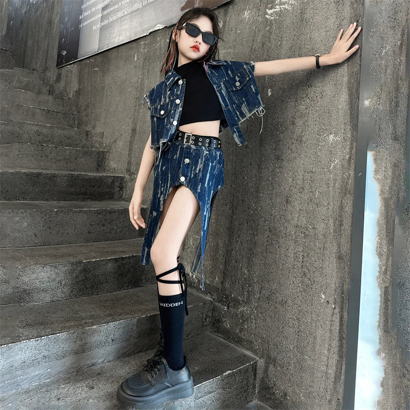 junior Girls Street Jazz Dance Set short denim vest jacket+Irregular skirt black top shorts belt teen girls clothes suit outfits