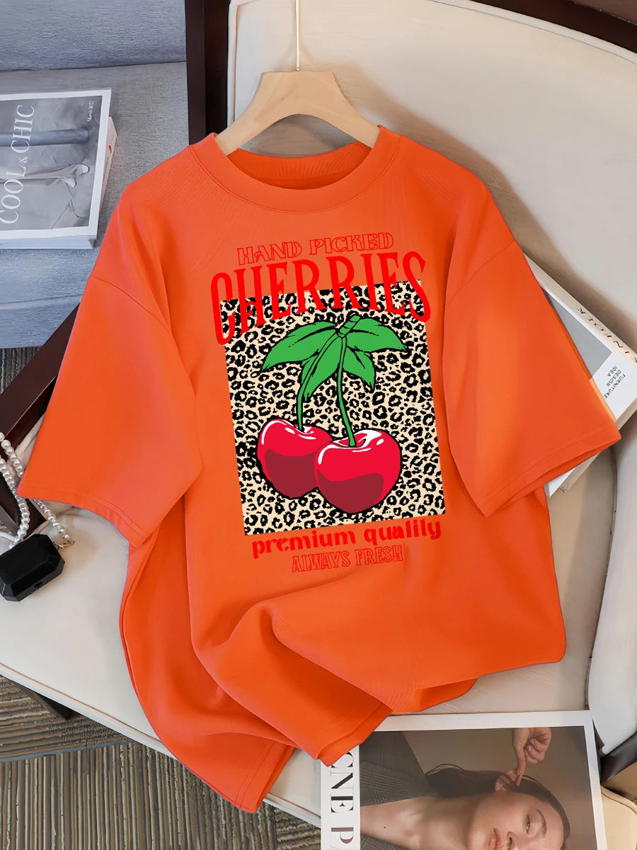 Hand Picked Cherries Always Fresh Printing T-Shirt Women Cotton Crewneck T Shirts Summer Loose Clothes Multicolor Short Sleeve