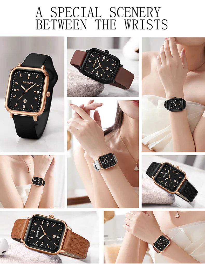 SANDA 1134 Women's Square Quartz Watch Black Fashion Crystal Waterproof Date Pointer Wristwatches for Ladies Watches Gift