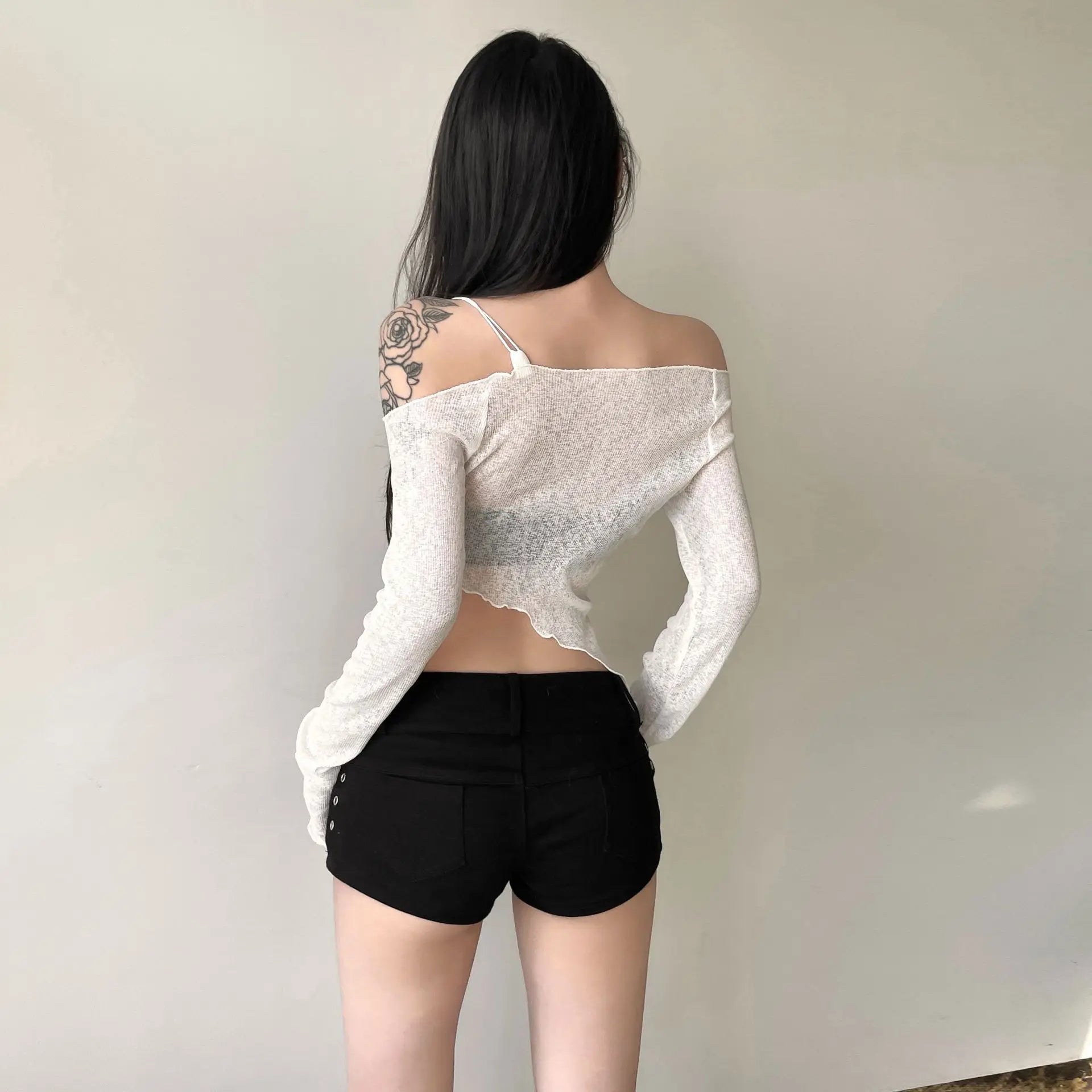 Asymmetrical T Shirts For Women Y2k Clothes Off Shoulder Sexy Streetwear Long Sleeve Crop Top Lace-up Camisetas Ropa De Mujer