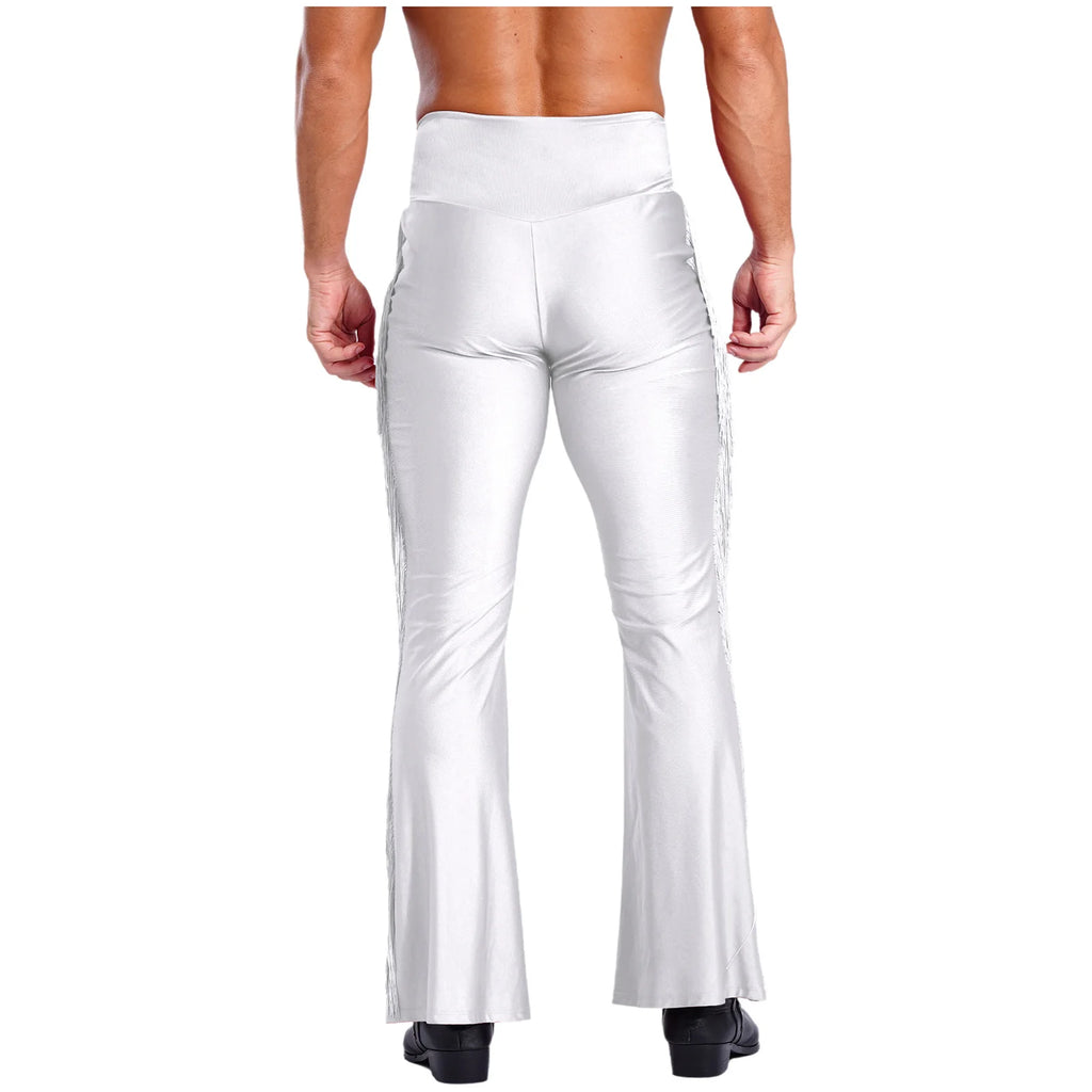 Mens Tassel Flared Pants Vintage Bell-Bottom High Waist Trousers for Jazz Latin Dance Stage Performance Club Disco Party Costume