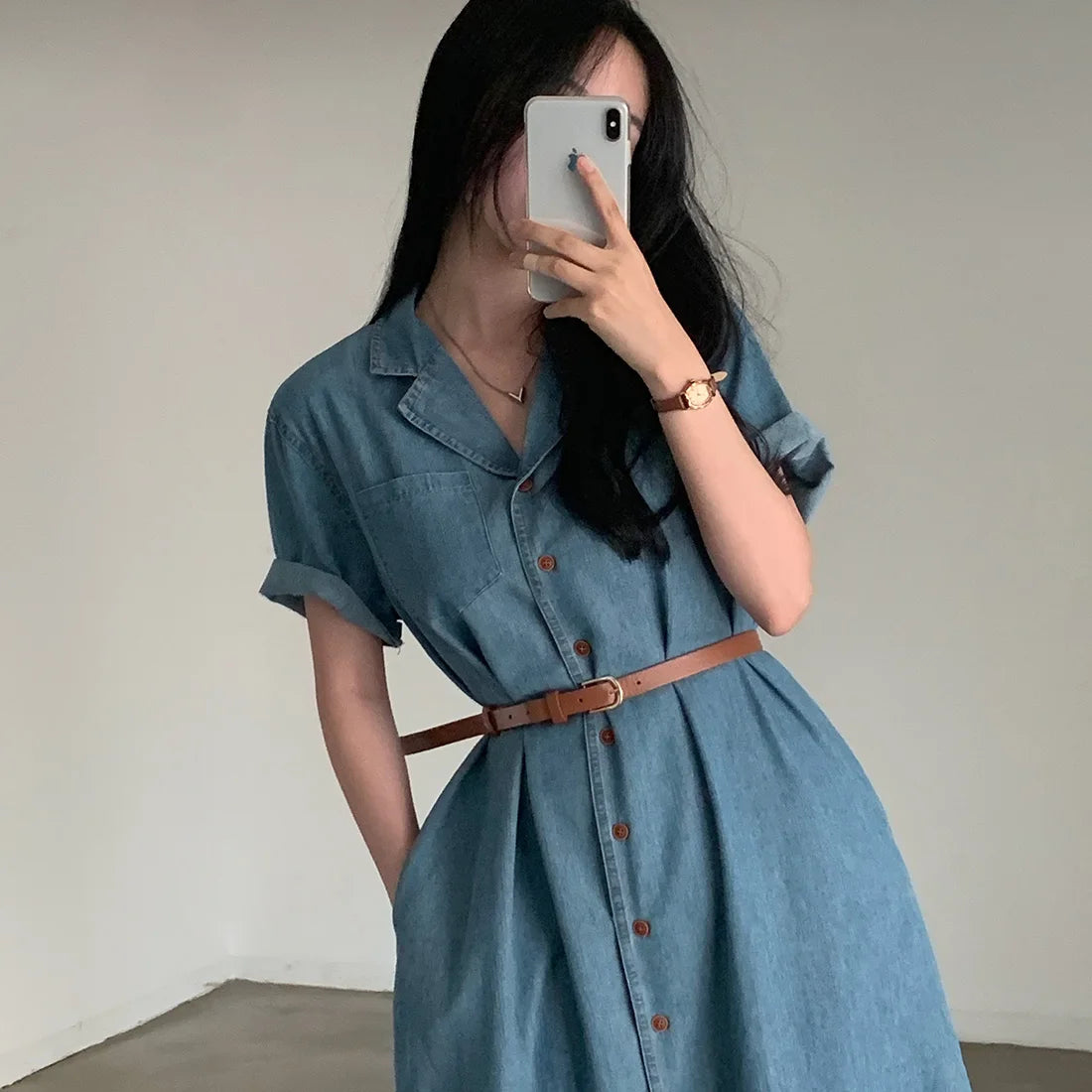 Slimming Chic Retro Chic Long Dr with Belt High Waist A-Line Skirt ort Sve Korean Sle Commute Dr Denim Dr