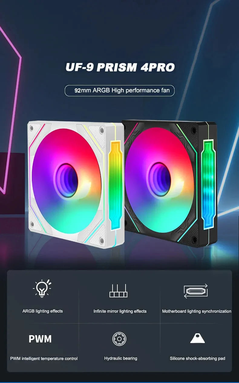 UPSIREN UF-9 PRISM 4 PRO Computer Chassis Fan，92mm ARGB 4 Pin PWM Quiet Cooling Fan 12V Large Air Volume