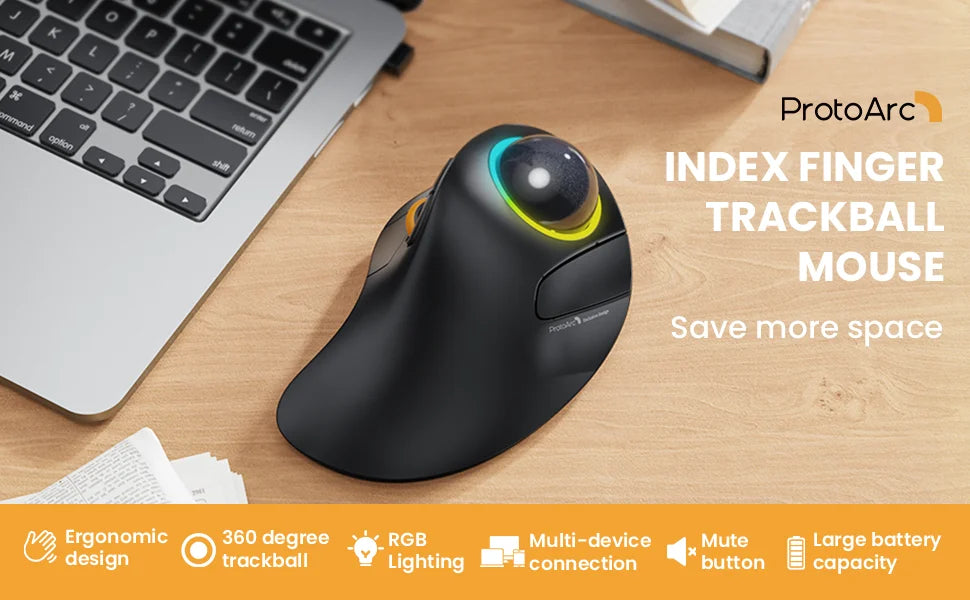 ProtoArc Wireless Index Finger Trackball Mouse Rechargeable RGB Rollerball BT 2.4g Mice for Computer Laptop 3 Device Connection