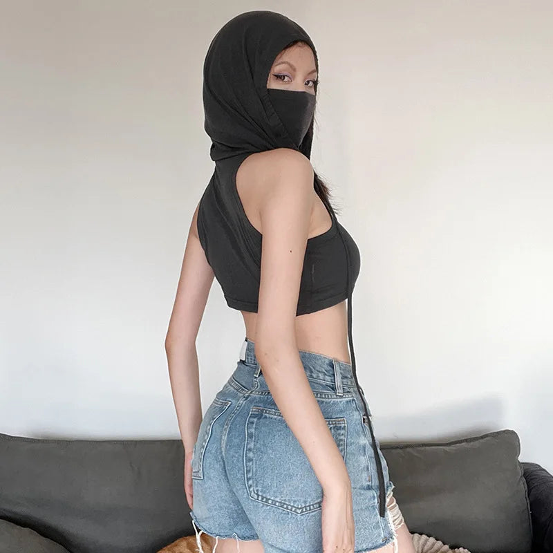Summer Fashion Trend Solid Colour Y2k Tops New Casual Hooded Lace-Up Crop Top Sexy Slim High Neck Sleeveless Women Clothing