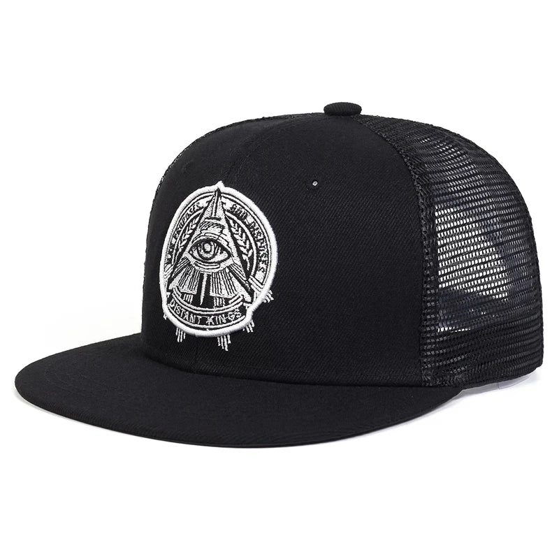 2025 New Eye of God Flat Edge Hat Mesh Hat Fashion Men's Street HipHop Hat Women's Outdoor Decoration Sunscreen Hat Baseball Hat