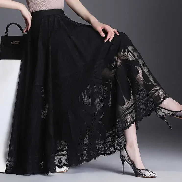 Lace Skirt for Women New Style Popular Versatile A-line Midi Skirt for Large Mesh Hollow Fairy Pleated Skirt