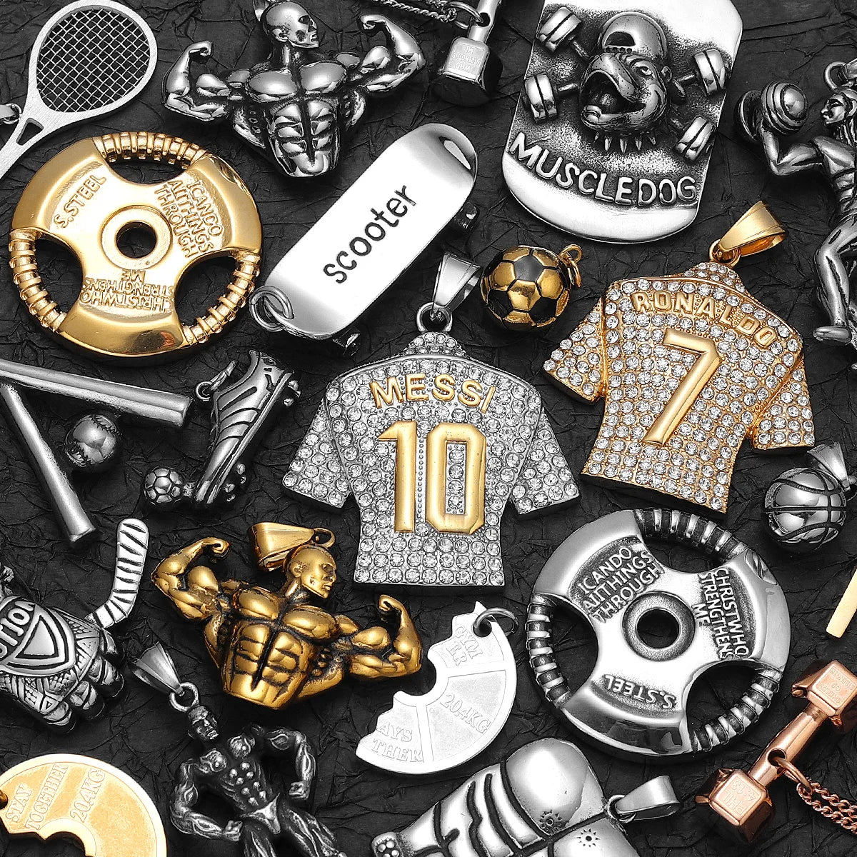 Messi Cristiano Ronaldo Mbappé Football Jersey Fitness Gym Muscle Dumbbell Men Necklaces Stainless Steel Pendant Chain Punk