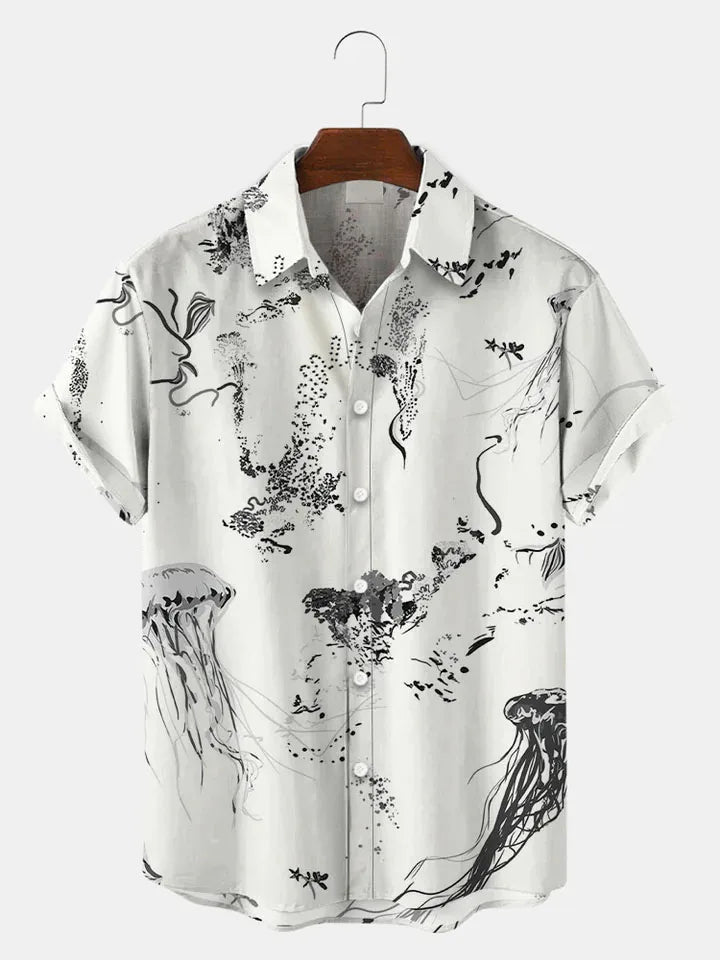 Fashion Men's Casual Sea Life Graphic Short Sleeve Shirt Button Down Lapel Shirts Oversized Tops Casual Hawaiian Shirt for Man