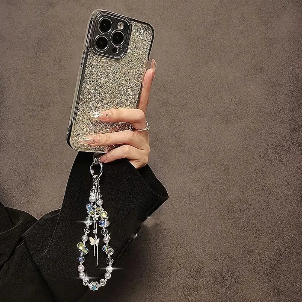 Luxury Sparkle Butterfly Rhinestone Bead Phone Bracelet Strap Charm Chain Knot Cellphone Lanyard Keychain Bag Camera Keychain Pe