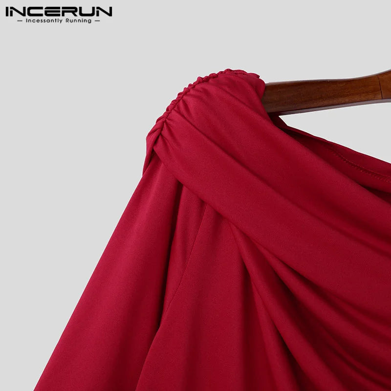Sexy Fashion Style Tops INCERUN Men's Solid One-shoulder T-shirt Casual Clubwear Male Hot Sale Long Sleeved Camiseta S-5XL 2024