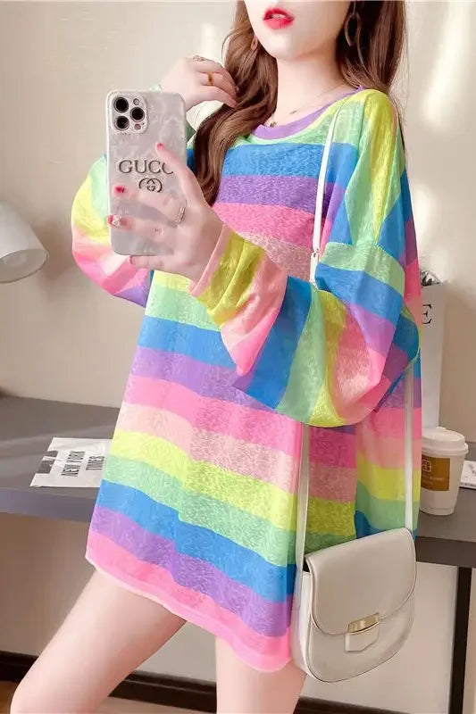 Rainbow Striped Long-sleeved Pullover Sunscreen for Women in Summer Light Top Oversize Mesh Versatile Air Conditioning Shirt