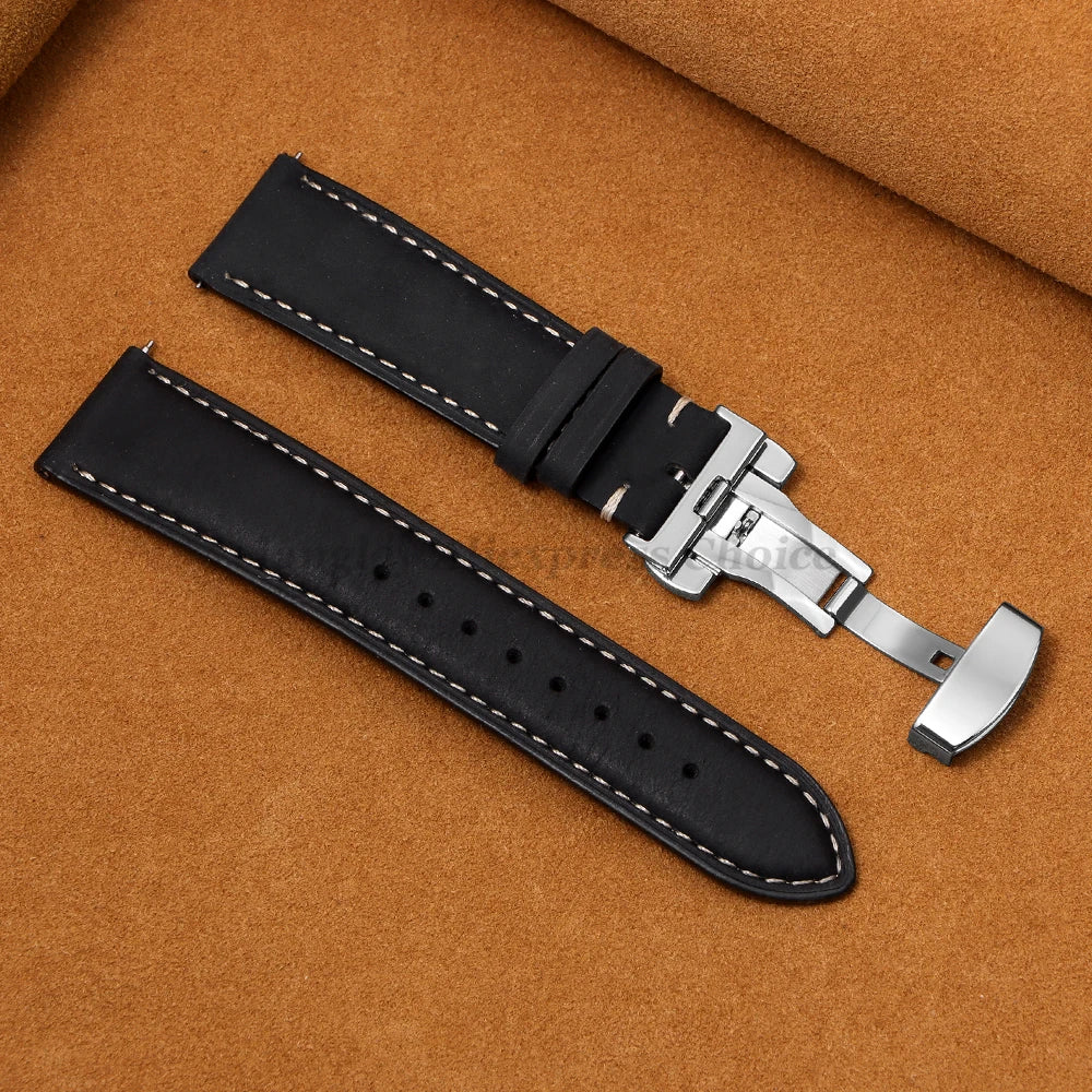 Genuine Calfskin Leather Watchband for Seiko for Omega Business Watch Band 14/16/18/20mm 22mm Butterfly Buckle Stitching Straps