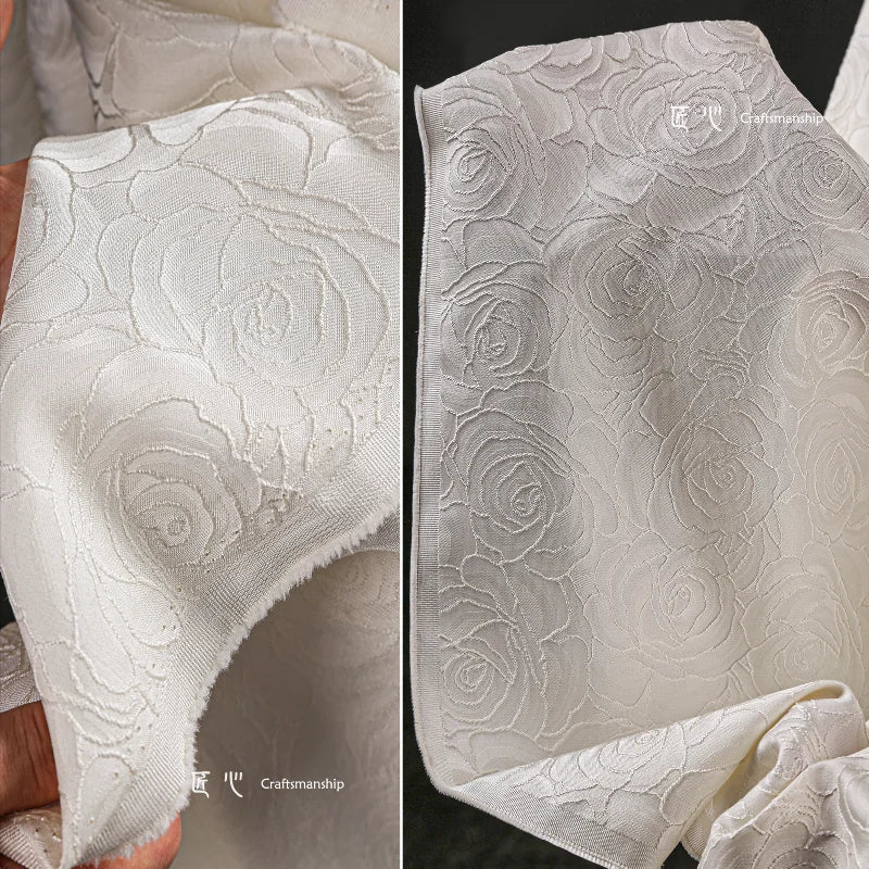 Jacquard Fabric White Large Rose Texture Windbreaker Dress Designer Cloth Diy Apaprel Sewing Meters Rayon Polyester Material