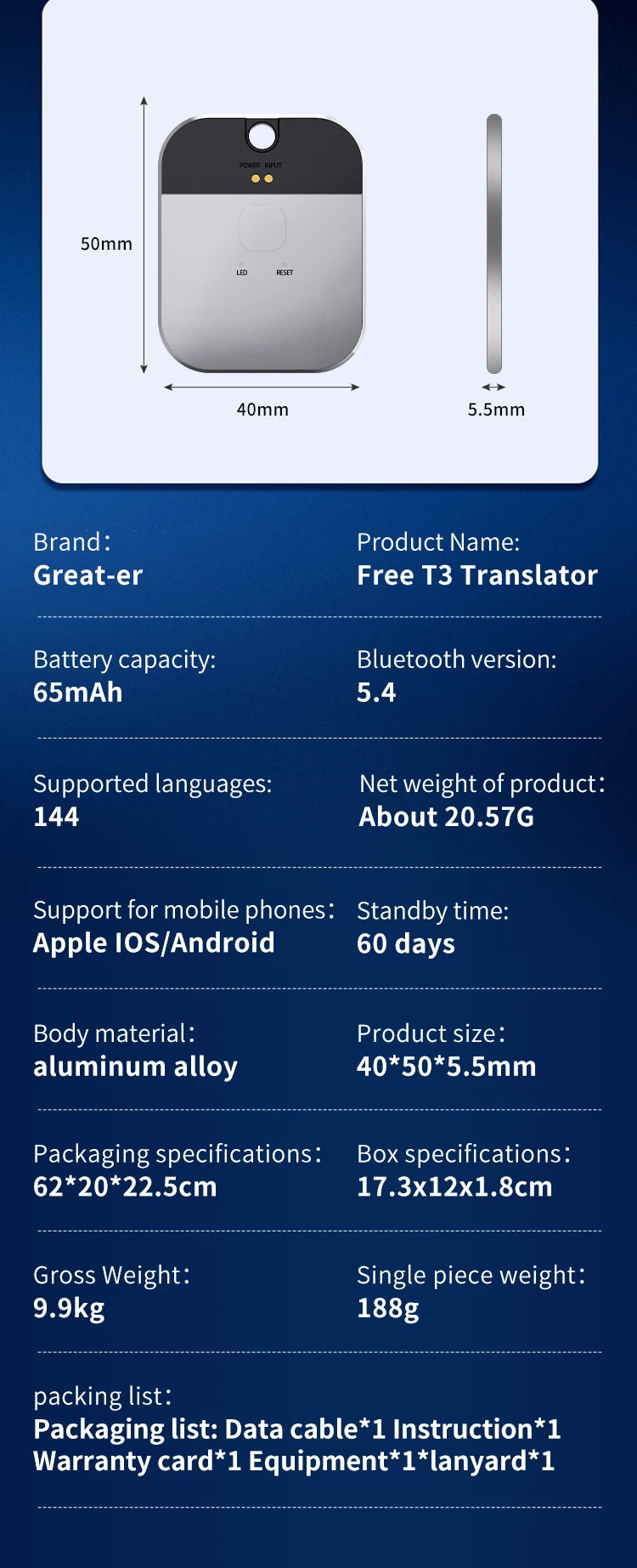 T3 Translator 140 Language Translation Device, AI Two-way Real-time Voice Instant Translation, Can Be Used for Business Travel