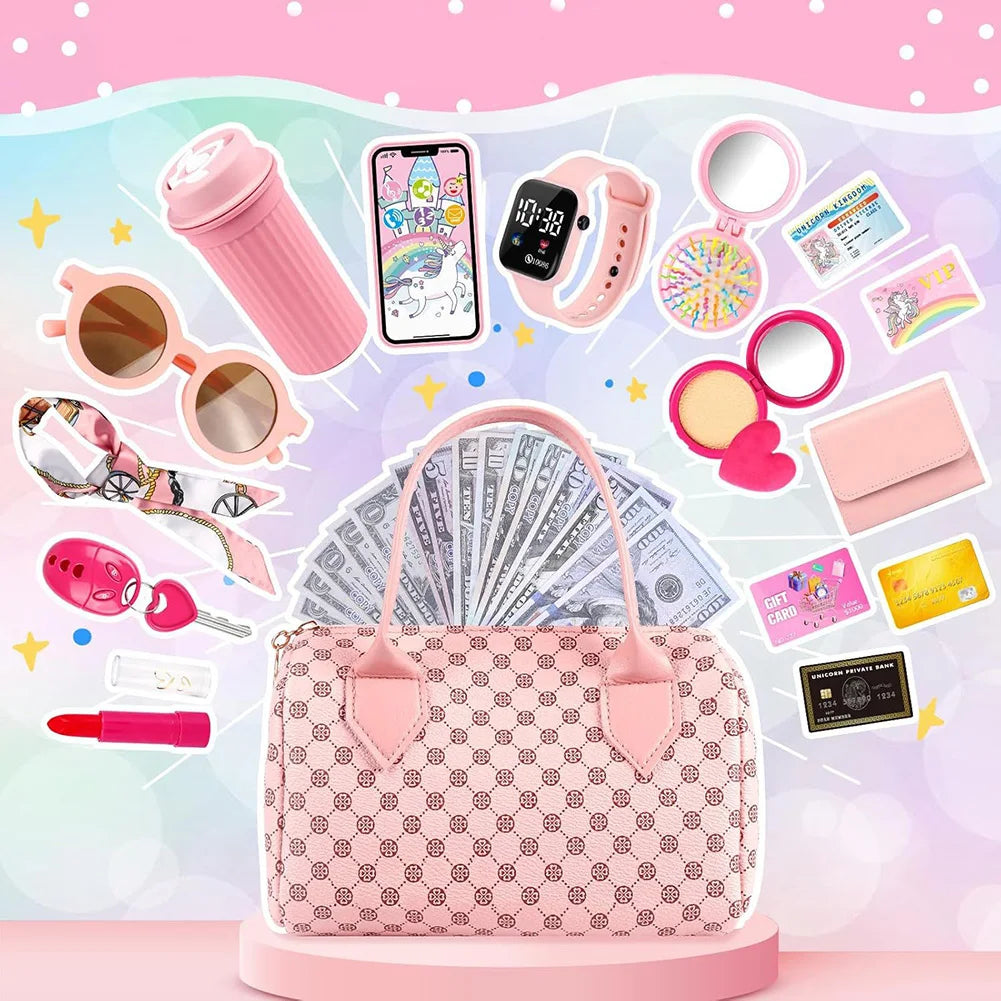 Little Girls Play Purse Princess Gifts Play Purse Set Cell Phone/Makeup/Keys Credit Card/Water Bottle/Sunglasses for Ages 3+