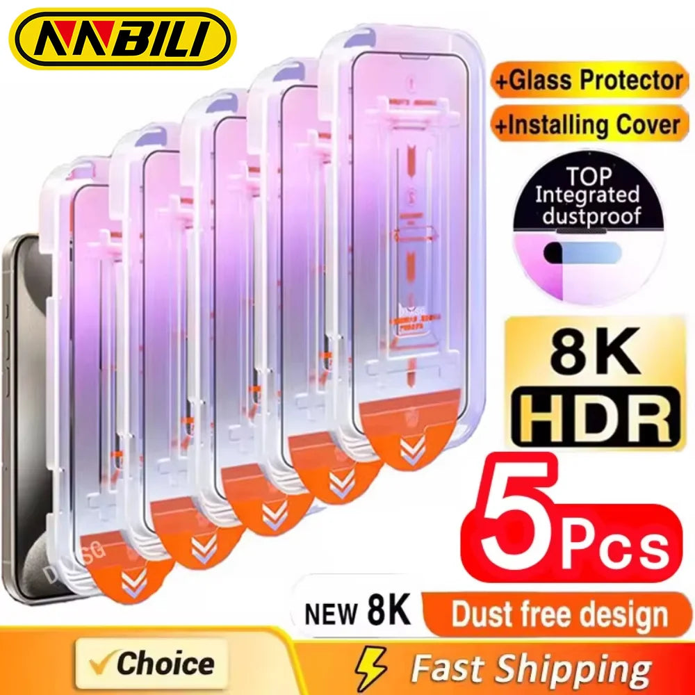 NNBILI 5Pcs Oleophobic Coating Dust Free Easy Installation Screen Protector For iPhone 15 14 11 13 12 16 17 Pro Max 17Air Glass