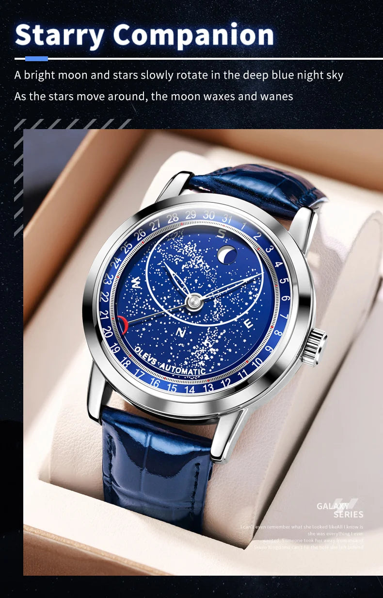 OLEVS 9923 Mens Watch Luxury Original Automatic Mechanical Watch Leather Strap Waterproof Luminous Starry Dial Watch For Men