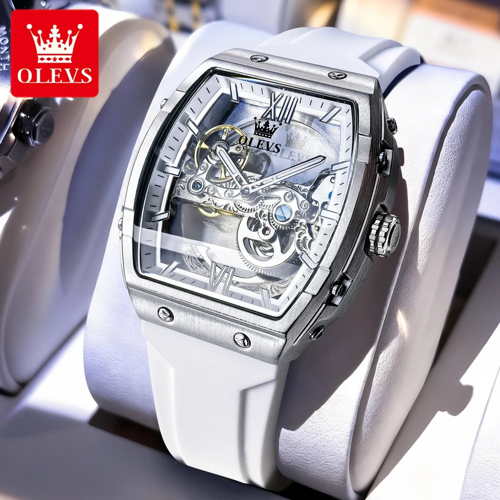 OLEVS 6779 Man Watch Skeleton Luxury Tonneau Mechanical Watches For Men Waterproof Silicone Strap Automatic Hand Clock Gifts Box