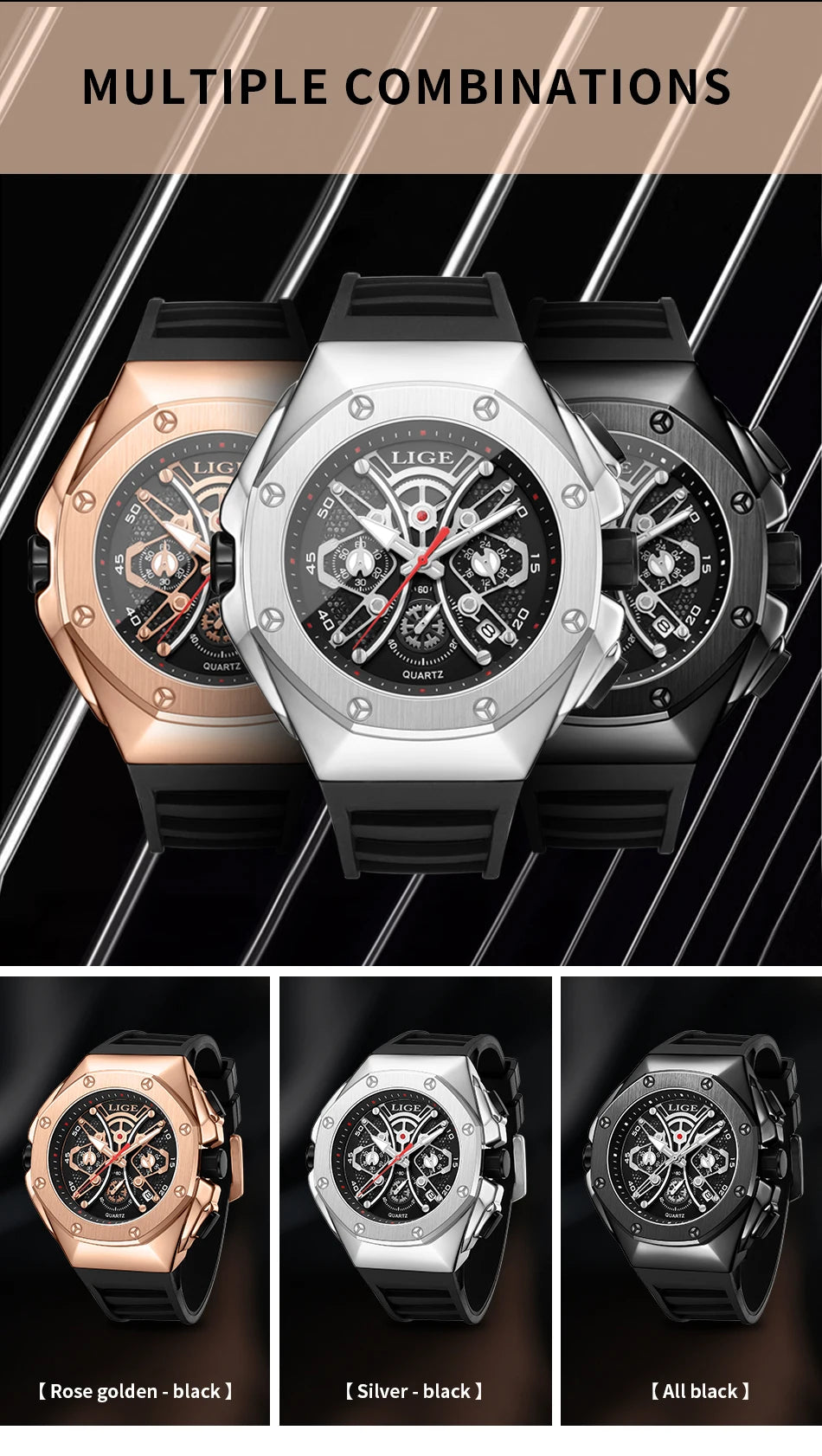 LIGE Mens Watches Top Brand Luxury Fashion Waterproof Watch For Men Silicone Sport Military Chronograph Wristwatch Montre Homme