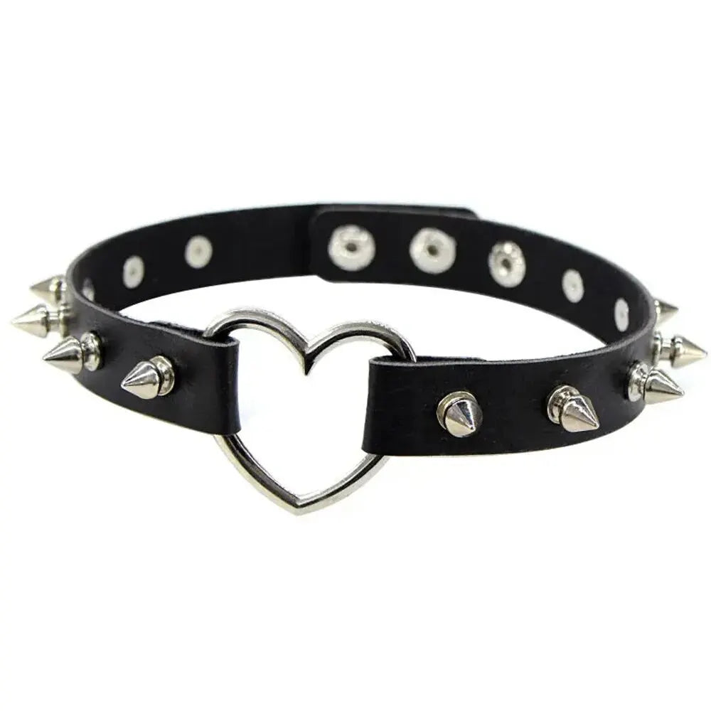 1PC Punk Rock Gothic PU Leather Necklace Heart Round Spike Rivet Collar Studded Choker Chain Necklace Handmade Jewelry