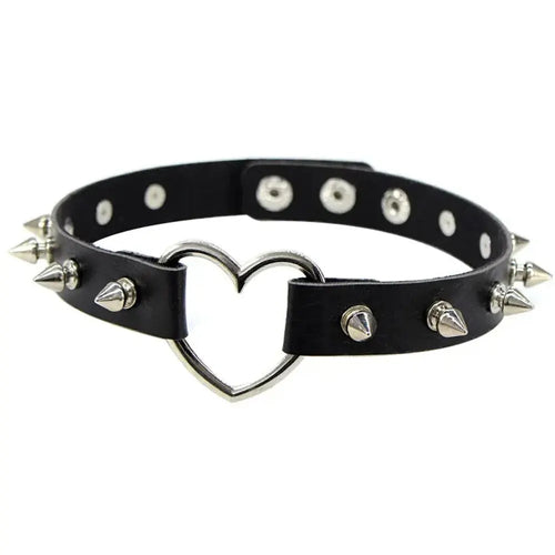 1PC Punk Rock Gothic PU Leather Necklace Heart Round Spike Rivet Collar Studded Choker Chain Necklace Handmade Jewelry