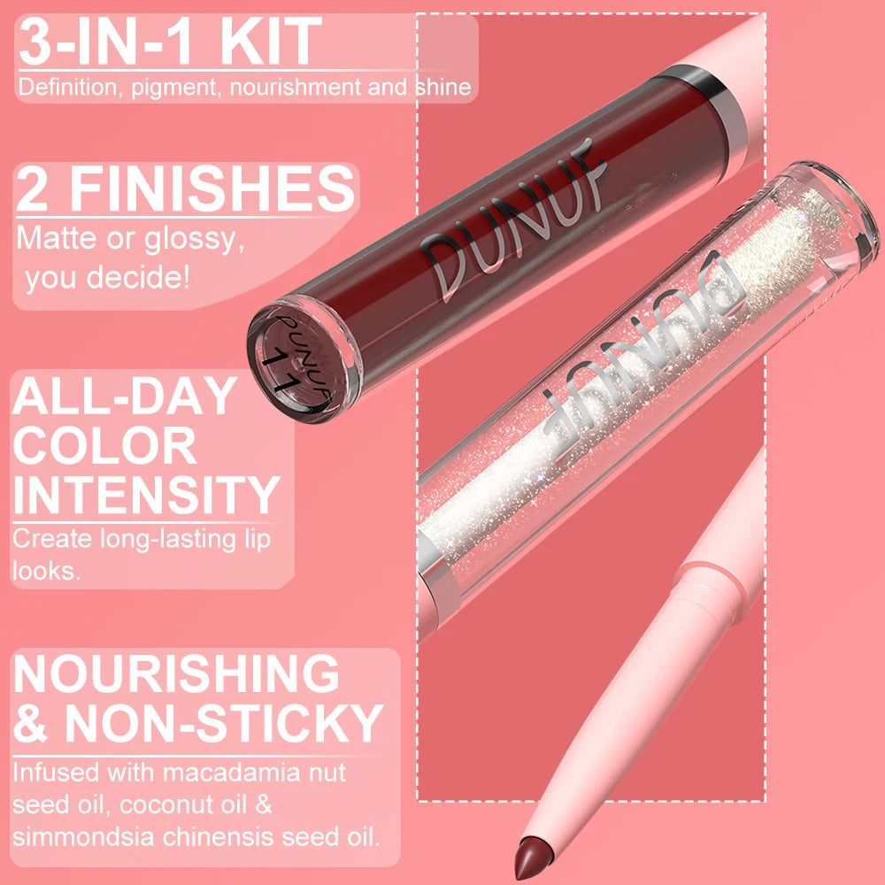 Matte Lip Liner Lip Gloss Lip Oil Set, 3-in-1 Waterproof Non-sticky Long-Lasting Lipstick, Nude Deep Red Mauve, Christmas Makeup