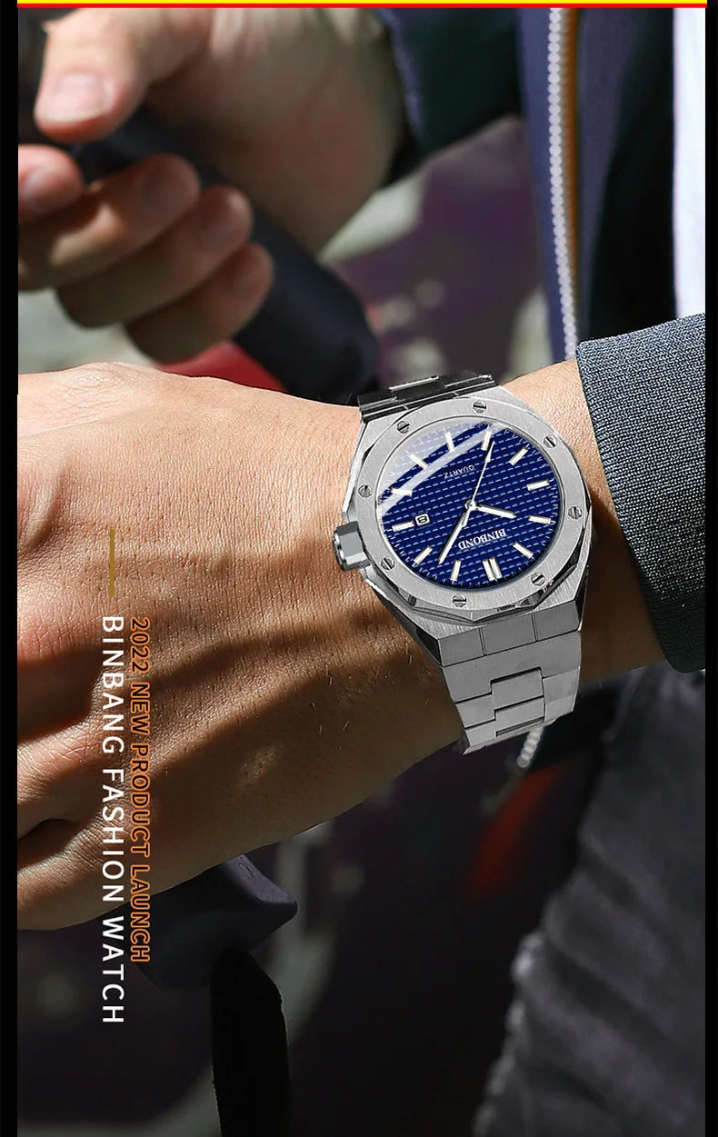 BINBOND 0233 Luxury Fashion Men's Quartz Watch Stainless Steel Large Dial Waterproof Night Light Men's Watch Clock