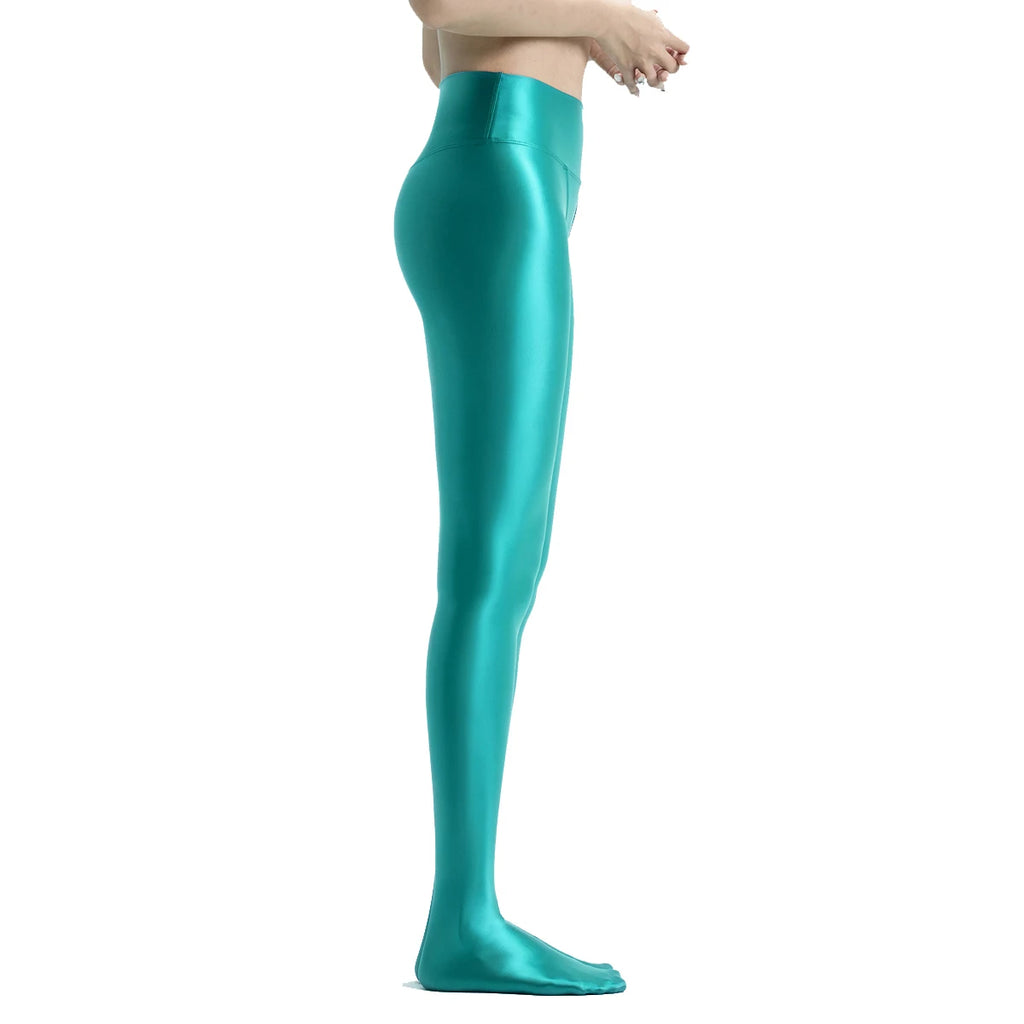 MJINM Women's Shiny Glossy Wide High Waisted V-crotch Pantyhose Yoga Fitness Sporty Gym Breathable Tight Pants Leggings Jeggings