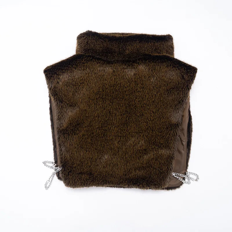 Turtleneck Furry Tank Tops Women Trend Sexy Side Split Chic Fall Trend Midnight Basic Street Furs Hipster Clubwear Vest Crop Top