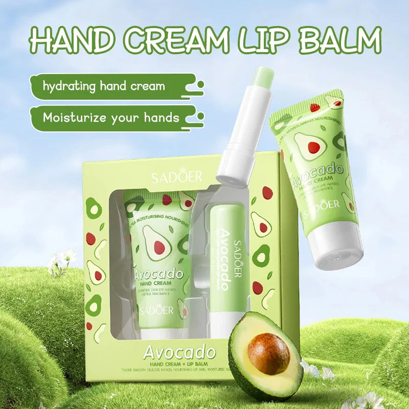 2pcs/Set SADOER Avocado Hand Cream Lip Balm Skin Care Sets Moisturizing Plump Anti Wrinkle Lips Lipstick Plumper Skin Care