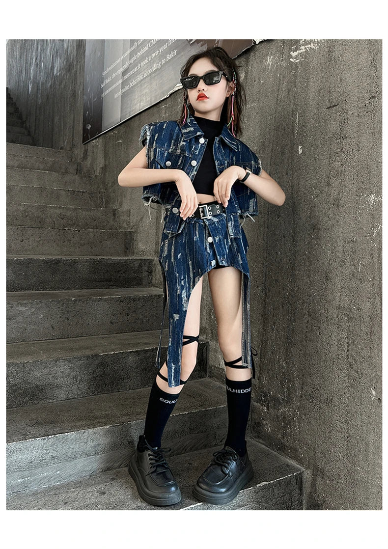 junior Girls Street Jazz Dance Set short denim vest jacket+Irregular skirt black top shorts belt teen girls clothes suit outfits