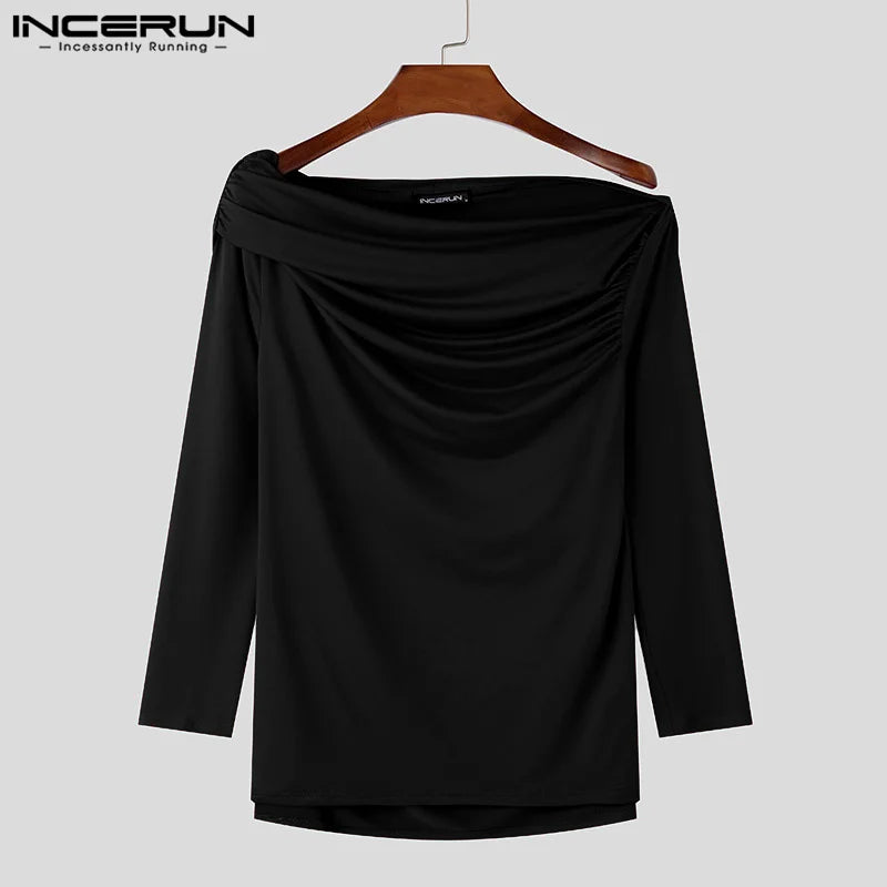 Sexy Fashion Style Tops INCERUN Men's Solid One-shoulder T-shirt Casual Clubwear Male Hot Sale Long Sleeved Camiseta S-5XL 2024