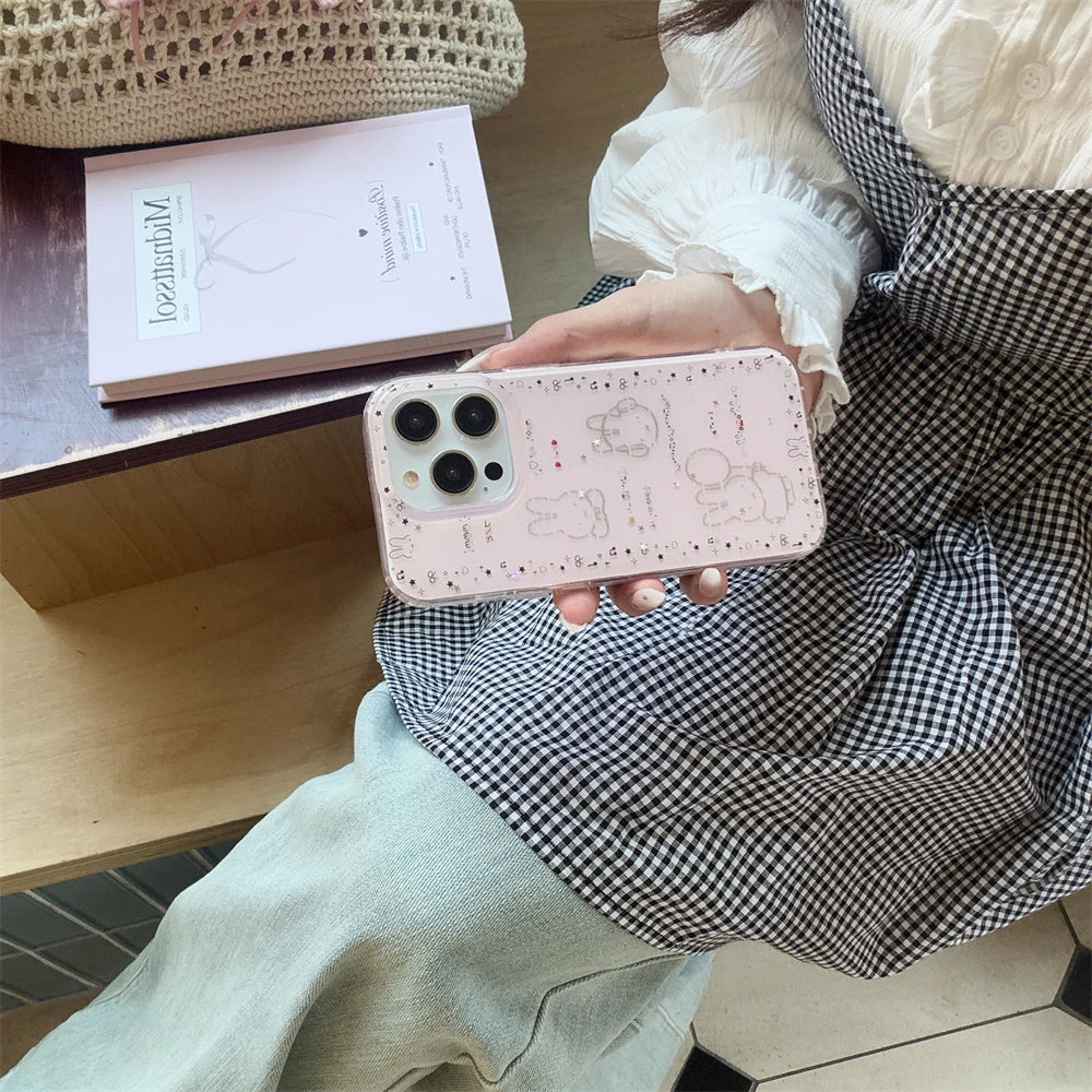 Luxury Glitter Pink Case For iPhone 13 12 11 14 15 16 Pro Max 16 Plus Cartoon Bling Transparent Shockproof Hard PC Bumper Cover